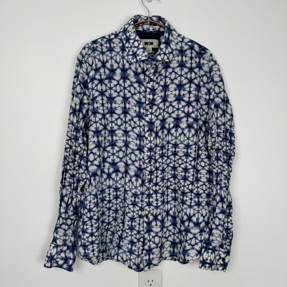 Joseph Abboud Mens Large Blue White Tie Dye 100% Linen Long Sleeve Button Shirt
